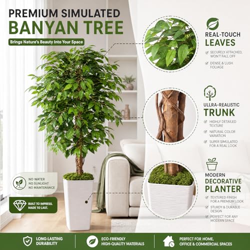 5FT Artificial Ficus Tree, 60 Inch Realistic Faux Silk Ficus Floor Plant with White Planter & Moss, Tall Fake Potted Tree for Indoor Home Office Living Room Corner Decor - color: White, size: 5ft