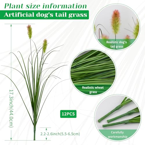 Artificial Grass Plants Outdoor 12 Bunches Fake Onion Grasses with Plush Fake Shrubs Plant Flowers Faux Greenery Wheat Sea Grass for Outside Garden Indoor House Home Office Room Décor (Green & Red） - color: Green & Red Plush, size: 12Pcs