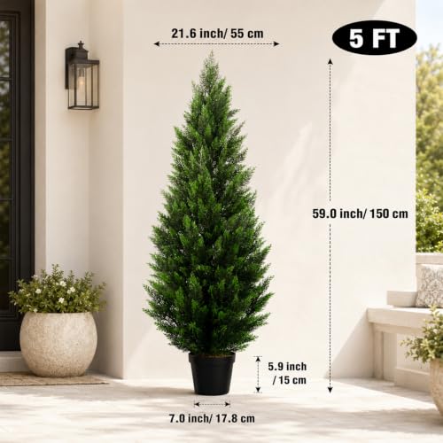 Artificial Topiary Cedar Trees 5FT Tall 2 Set, Outdoor Indoor Faux Pine Shrubs Plants, Realistic Fake Plants Front Porch Decor, Artificial Bushes Cypress for Home Front Door Offices - color: 2*pine Tree 5ft