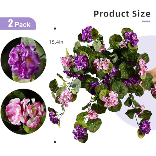 Artificial Geranium Flowers for Outdoor 2 Pcs Artificial Pink Flower Fake Flowers with Stems Silk Realistic Look Real Floral Arrangement for Front Door Porch Planter Patio Balcony (2 Pcs Purple+Pink) - color: 2 Pcs Purple+pink