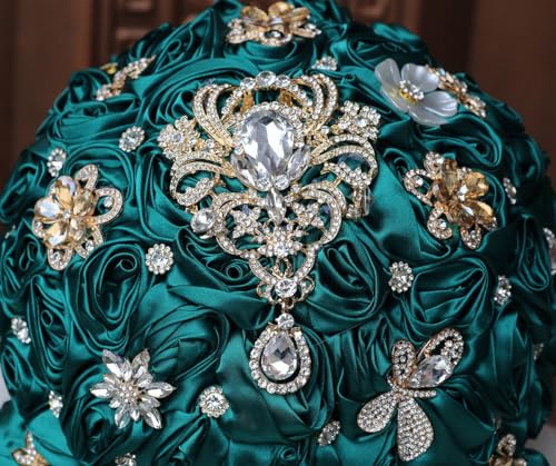 Luxury Cascade Bridal Wedding Bouquet Satin Rose Waterfall Holding Bouquet Artificial Flower Bunch for Bride Bridesmaid(Dark Green, 17.3" x 8.7") - color: Dark Green #3, size: 17.3"L x 8.7"W(44cm x 22cm)