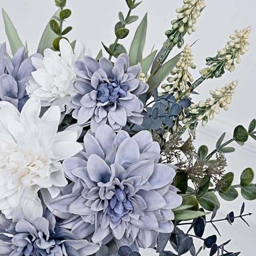 MARTINE MALL Fake Flowers in Vase, Faux Flowers in Vase, Dahlia Artificial Flowers in Vase Centerpiece Table Decorations Artificial Flower Arrangement for Home Dining Room Office Farmhouse, Blue - color: Blue Dahlia