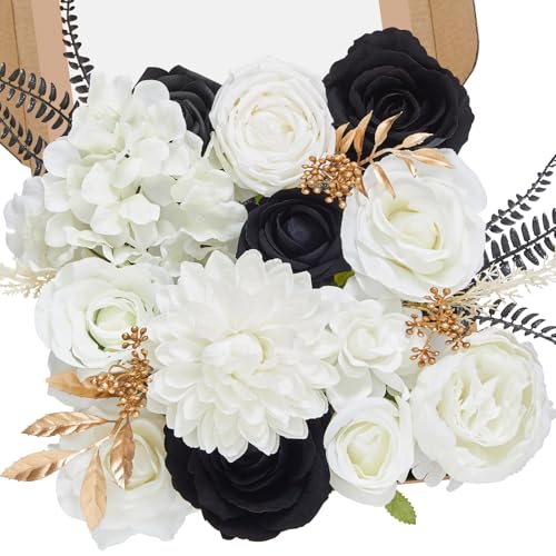Serwalin Black Artificial Flowers, White Roses Silk Fake Flowers for DIY Wedding Bridal Bouquets, Wedding Cake Flowers for Table Centerpieces Baby Shower Birthday Party Home Decorations - color: Black & White, size: Square