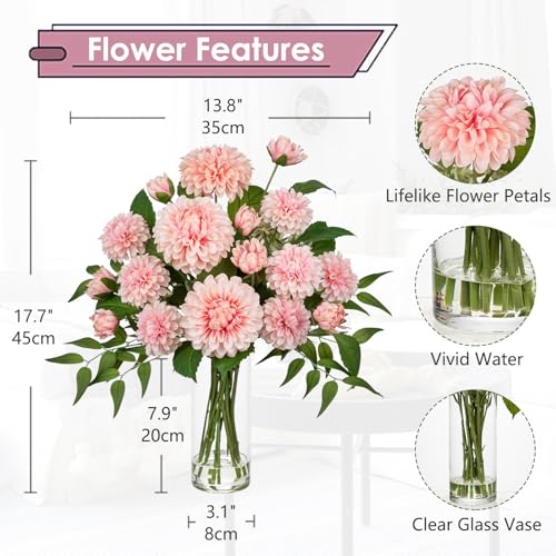 Hollyone Pink Fake Flowers in Vase Dahlia Artificial Flowers in Glass Vase with Faux Water Dahlia Silk Flower Arrangements for Bathroom Office Table Centerpiece Shelf Decorations Home Decor - color: Pink