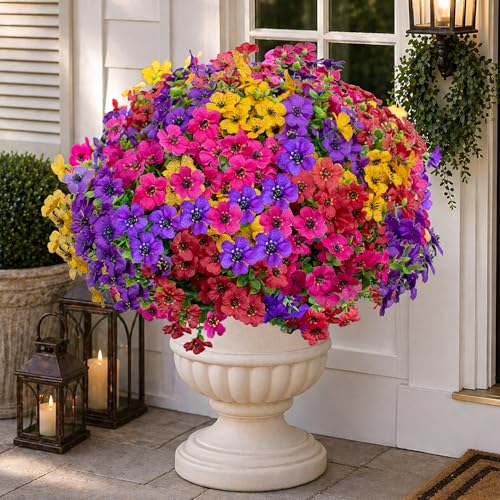 AXYLEX Artificial Flowers for Outdoors Fake Plants - 16 Bundles Faux Outside Greenery Boxwood UV Resistant Plastic Shrubs Decor (Mixed) - color: Mixed, 4 Colors Red Pink Purple Yellow
