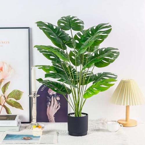 Der Rose 28" Black Pot Fake Monstera Plants, Large Artificial Potted Plants for Indoor & Outdoor Floor Front Porch Modern Decor - size: 28"-BLACK