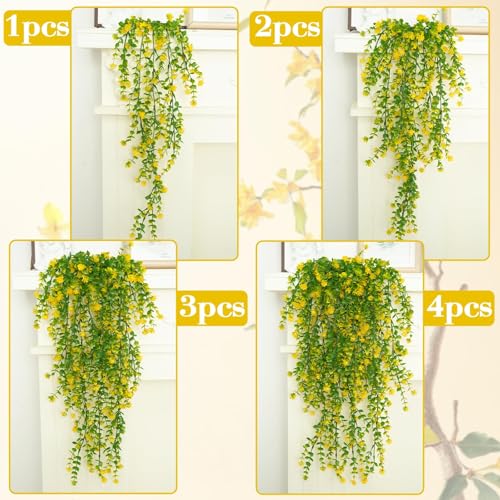 12 Pcs Outdoor Hanging Plants Artificial Hanging Flowers Yellow Faux Trailing Plants Fake Eucalyptus Greenery UV Resistant Plastic Plants for Indoor Outdoor Wall Garden Front Porch Home Decor - color: Yellow-12pcs