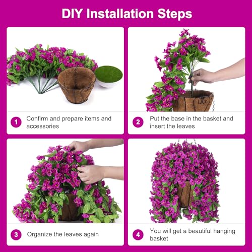 Ammyoo Artificial Faux Hanging Flowers Basket for Spring Summer Outdoor Porch Decoration, Fake Silk Colorful Morning Glory Eucalyptus in Planter UV Resistant for Home Balcony Yard(Red Purple) - color: Red Purple