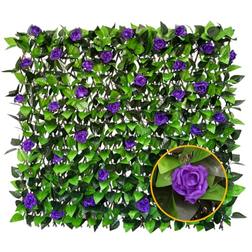 Expandable Fence Privacy Screen for Balcony Patio Outdoor,Decorative Faux Ivy Fencing Panel,Artificial Hedges (Single Sided Leaves)…… - color: PURPLE FLOWER