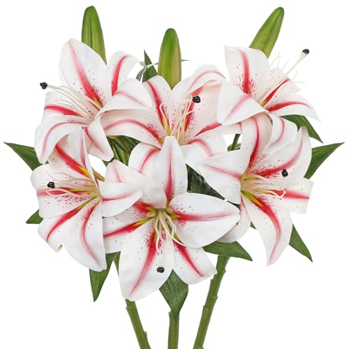 Oairse Artificial Tiger Lily Silk Flowers - 3 Pcs Faux Lily Flower 14.9" Fake Lilies Bouquets Faux Stargazer Lilies Stem with 6 Heads & 3 Buds for Indoor Outdoor Home Table Wedding Decor (White&Pink) - color: White&pink