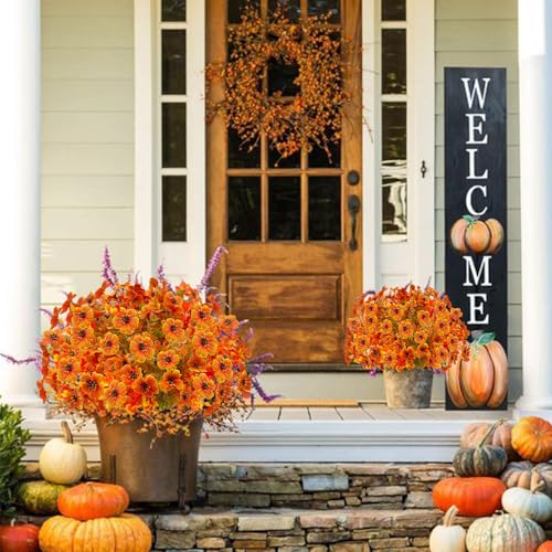Artificial Fall Flowers for Outdoors,Faux Silk Flowers Fall Decorations,Fake Mums Eucalyptus Plants Christmas Halloween Decor for Outdoor Patio,Window Planter Autumn Fall Decor(10PCS,Orange) - color: 3(aut+gc)