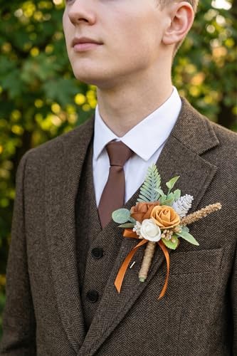 Terracotta Orange Corsage and Boutonniere Set Wrist Corsage Wristlet for Prom Groom Flower Boutonniere for Men Wedding Party Homecoming Accessories Suit - color: Terracotta Orange