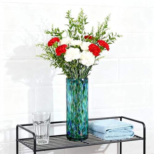 9.45" Tall Teal Vase Hand Blown Glass Vase Green, Modern Teal Home Centerpieces Wide Mouth Vases for Bud&Flower Decor - Ideal Living Room, Kitchen, Wedding, Dining Table, Office Center Table