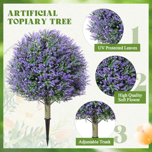 Lunmon 2 Pack 24" Artificial Topiary Ball Plants Trees with Flowers, Outdoor Fake Topiary Plants with Ground Spike, UV Resistant Faux Bushes for Indoor Outdoor Front Door Decor(Purple,Rose) - color: Purple, style: Rose