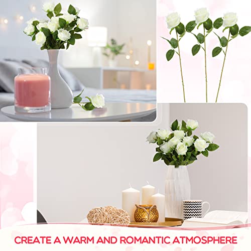 Jexine 50 Pcs Artificial Rose Flower Bulk Realistic Silk Fake Roses with Long Stem Plastic Artificial Flower Bouquet Real Looking for Home Wedding Centerpieces Party Decoration(White) - color: White