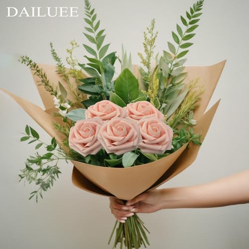 Artificial Roses Flowers 16Pcs Real Touch Roses with Stem Foam Fake Roses for DIY Wedding Bouquets Centerpieces Arrangement Party Baby Shower Home Decorations (Pink Champagne) - color: Pink Champagne