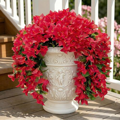 Artificial Flowers for Outdoors Fake Red Bougainvillea Hanging Flower Decoration, 2Pcs Realistic Faux Silk Plants Long Trailing Vines, Spring Decor for Porch Patio Balcony Planter Yard - color: Bougainvillea - Red