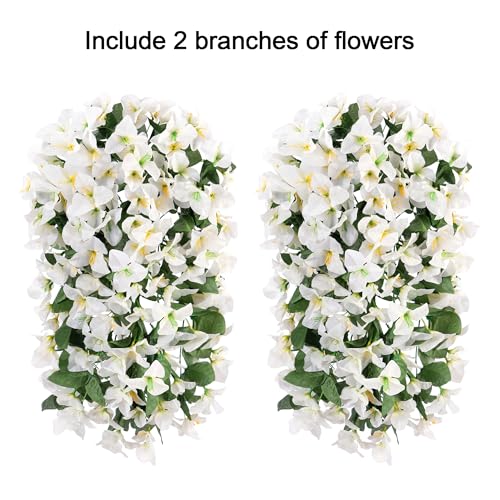 HyeFlora Bougainvillea Artificial Hanging Flowers Plants for Outdoors Decoration, 2pcs White Fake Flowers Silk Bougainvillea Vines Realistic UV Resistant Faux Flowers for Outdoor Planters Patio Yard - color: White