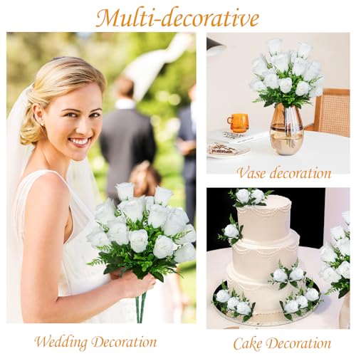 XONOR Artificial Rose Flowers - 4Bouquets Realistic Fake Silk Roses for Wedding Party Home Centerpieces Office DIY Cemetery Grave Decoration (Pack of 4, White) - color: White