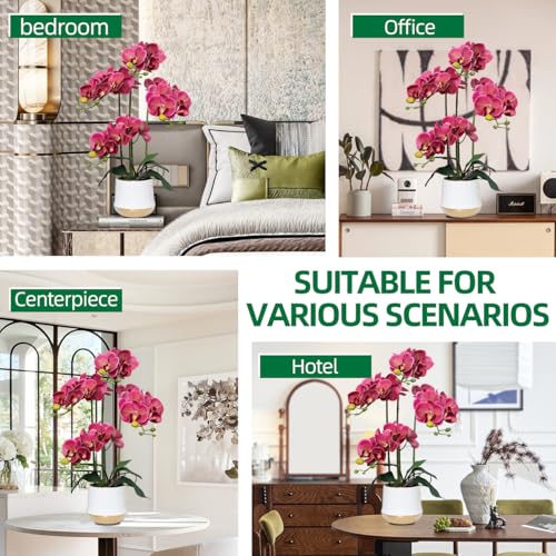 Artificial Orchid Flowers in Ceramic Vase Realistic Crimson Faux Orchids 19.5 Inch Fake Phalaenopsis Plant Arrangements for Home Indoor Centerpiece Decor (Set of 4 Stems) - color: Crimson, size: 14CM- WhiteGolden