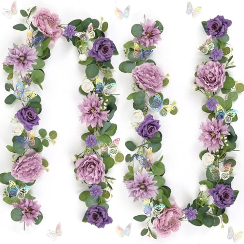12FT Artificial Eucalyptus Flower Garland with Butterflies - Pack of 2 Fake Rose Garland Faux Greenery Eucalyptus Garlands for Wedding Table Backdrop Centerpieces Decorations - Light Purple & Purple - color: Dusty Purple, size: 2 Pack