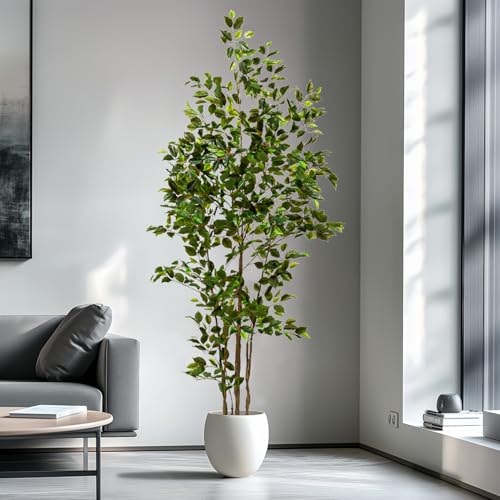 Bailikang Artificial Ficus Tree Indoor 7ft, Large Potted Faux Tree with Realistic Silk Leaves & Trunk for Home Office, Living Room Corner Decor - color: Green, size: 7ft