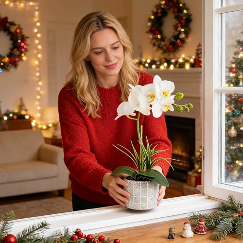 Orchid Artificial Flowers 16" White Fake Orchid Flowers in Gray Ceramic Pot Faux Orchid Plant for Home Decor Office Bathroom Table Centerpiece Indoor(White#2) - color: White