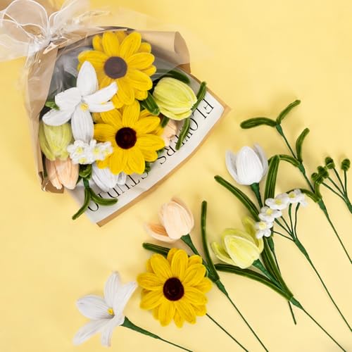 15.7inch Completed Pipe Cleaners Flowers Bouquet, Yellow Handmade Pipe Cleaners Bouquet, 2 Sunflower 1 Lily 6 Tulip 5 Daisy 14 PCS for Valentine’s Day Mother's Day Birthday Anniversary Wedding Decor - color: (Yellow） Tulip Sunflower Lily