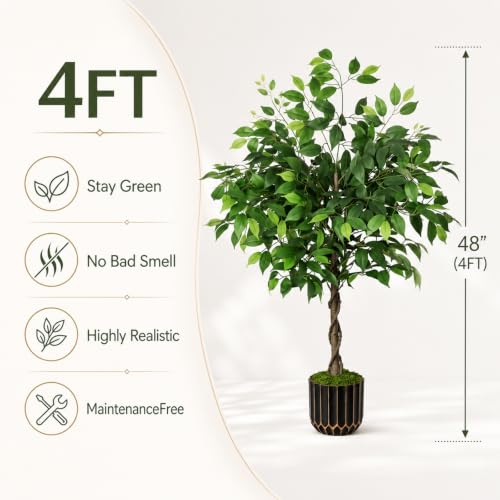 4ft Artificial Ficus Tree with Weighted Base – Faux Silk Floor Plant for Home, Office & Corner Decor - color: Ficus Tree Green
