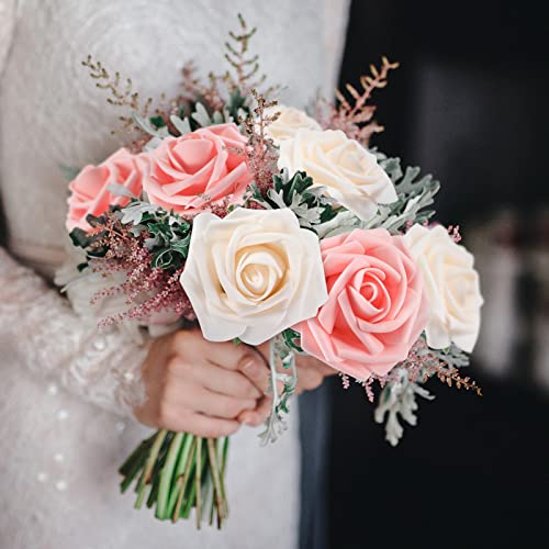 50 Pcs Artificial Foam Rose Flower Faux Bouquet Wedding Fake Rose Gift for Mother's Day Women DIY Bridal Shower Party Table Birthday Home Spring Decor (Pink,Champagne) - color: Pink, Champagne