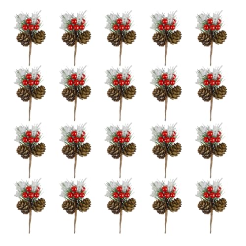 20PCS Christmas Floral Picks, Artificial Christmas Tree Picks and Sprays, Faux Cedar Pine Needles Branches with Red Berry Stems and Pine Cones for Crafts DIY Garland Holiday Wreath - size: 20PC Pine Picks