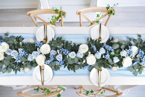 Lvydec 2 Pack Artificial Peony Flower Garland - 6ft Silk Peony Vine Willow Leaves and Eucalyptus Garland White Arch Flower Vine for Wedding Party Table Decoration (Blue) - color: Blue
