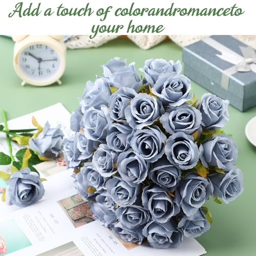 Hoteam 72 Heads Dusty Blue Artificial Rose Flowers 6 Bouquet Wedding Decoration Faux Flower Arrangement Bouquet with Stem Bridal Shower Gift Floral Centerpiece for Tables - color: Blue