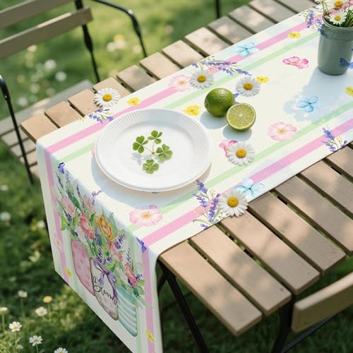 72 x 13 Inch Spring Floral Table Runner – Spring Table Runner with Mason Jar Wildflower and Butterfly Pattern for Garden Parties, Kitchen, Mantel, Dining Table Décor, Spring Party Supplies - style: Victorian