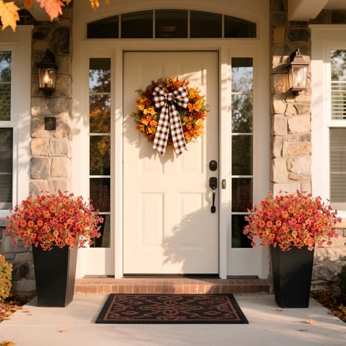 12 Bundles Fake Mums Fall Flowers Artificial for Outdoors Decoration Artificial Mums Faux Plants Daisy for Outdoor Outside Planters UV Resistant Violets for Fall Decor Home Porch Door Front Patio Yard - color: Z1-orange, Autumn Red