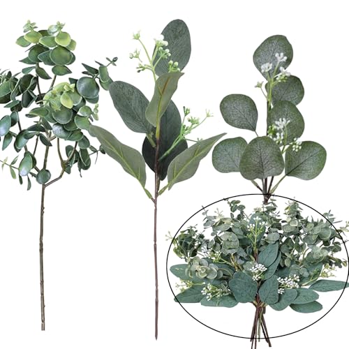 12PCS Mixed Artificial Eucalyptus Leaves Stems Bulk Faux Greenery Spray with White Seeds for Wedding Bouquet Garland Floral Arrangement Decoration (12, Green)