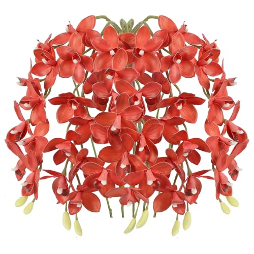 IPOPU Red Artificial Orchid 5 Pcs Latex Real Touch Orchid Fake Flowers Vase Filler for Home Decor Living Room Patio Wedding and Engagement Centerpiece - color: Red
