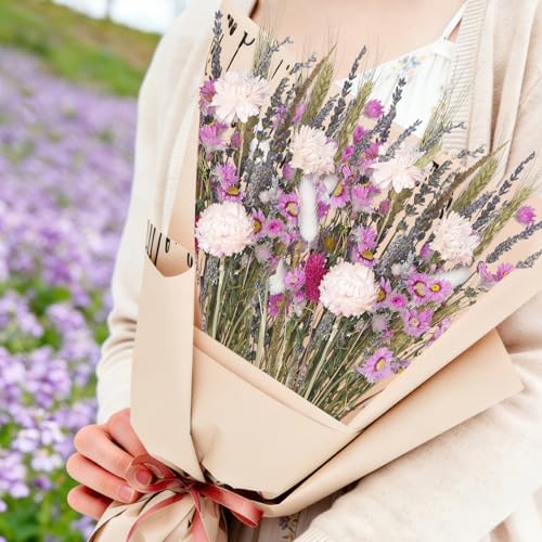 Dried Flowers Bouquet Dried Daisy Flower Natural Lavender Dry Flower Bunny Tails Pink Gerber Daisies Flowers Wheat Stalks Floral Stems Arrangements for Vase Table Centerpiece Decor Farmhouse - color: Pink, Natural