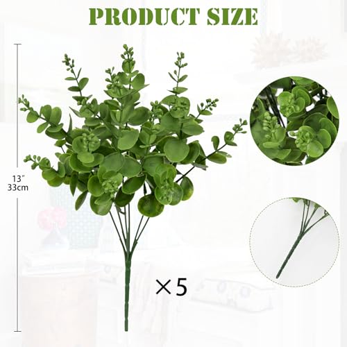 GnFlus Artificial 5Pcs Faux Eucalyptus Leaves Stems Fake Plants Sharp UV Resistant Faux Plastic Boxwood for Wedding Kitchen Office Garden Porch Farmhouse Window Box Home Decor - color: Green Eucalyptus