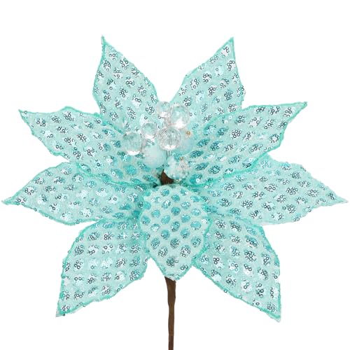 Briful 3PCS Poinsettias Artificial Christmas Flowers 22.4in Long Stem Teal Blue Glitter Mesh Poinsettia Fake Christmas Tree Flower for Xmas Home Wreath Garland Floral Arrangement Holiday Decor - color: Teal Blue