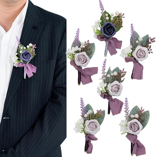 Purple Boutonniere for Men,Lavender Prom Boutonnieres,Groom and Groomsmen Boutonniere for Wedding Ceremony Anniversary, Formal Dinner Party and Grad Night (Set of 6) - color: Purple, size: set of 6
