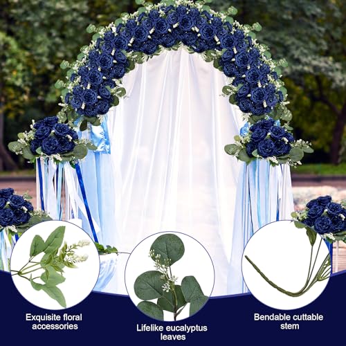 Peonies Artificial Flowers Bulk, 12 Bundles Fake Silk Peonies Faux Eucalyptus Bouquet Realistic Peony Floral Arrangement for Wedding Table Centerpiece Vase Decor (Navy Blue) - color: Navy Blue
