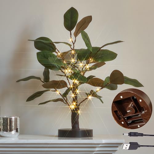 LITBLOOM Lighted Tabletop Magnolia Tree 18IN 35 LED Fairy Lights with Timer, Bonsai Tree with Lights Battery Operated or USB Plug in for Wedding Spring Home Decoration - color: Magnolia