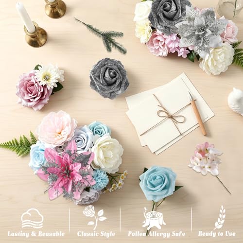 Artificial Flowers Combo Box Set, Silver Pink Silk Flower, Roses Poinsettia Faux Flowers for DIY Wedding Arch Bridal Shower Centerpieces Vase Arrangement Birthday Party Home Table Decor - color: Silver & Pink