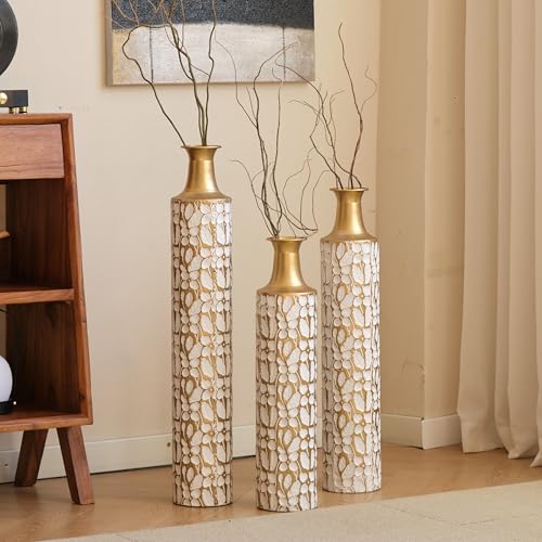 Floor Vases, Tall Home Decor Metal Vase Set of 3 Large Glazed Decorative Vases for Wedding Decor, Elegant Modern Flower Holder for Living Room, Entryway, Hallway - color: Pebble Ivory Gold