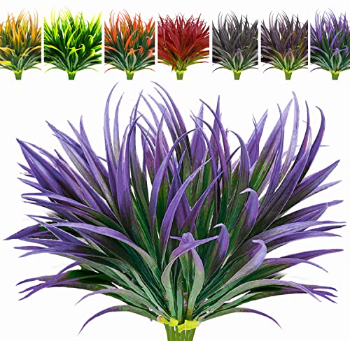 8 Pcs Outdoor Fake Plants UV Resistant Artificial Tall Grass Plants Faux Tropical Flowers Bushes Fall Winter Summer Planters Yard Patio Front Porch Décor Plastic Greenery Shrubs Decoration - color: Light Purple Grass Plant, size: 8pcs