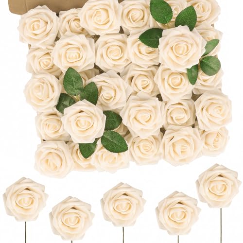 N&T NIETING Artificial Flowers, 50pcs Real Touch Fake Flowers Foam Roses for DIY Wedding Bridal Bouquet Baby Shower Party Cake Wall Tables Decoration, Cream - color: Cream, size: 50pcs