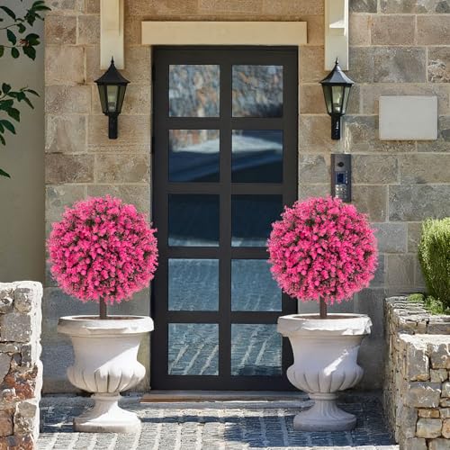 AOKIIE 24" Artificial Boxwood Topiary Bushes UV Resistant for Outdoor 2PCS | Artificial Shrubs with Ground Spike, Pink Faux Outdoor Plants for Indoor & Outdoor Garden, Yard, Porch, Patio - color: Pink