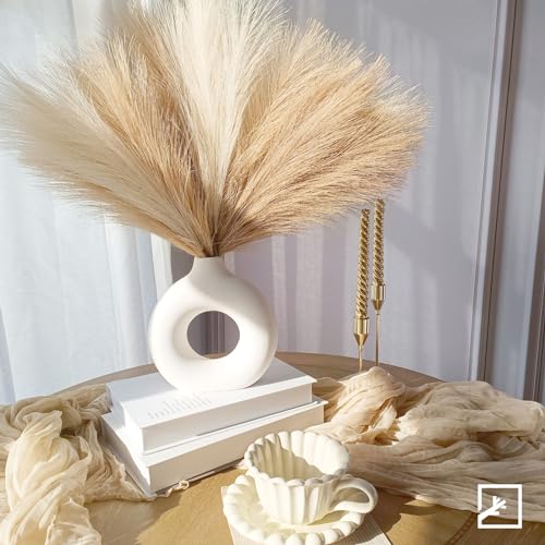 ZIFTY 6-Pcs 17" Pampas Grass Faux Pompas Fluffy Artificial Fake Flower Boho Decor for Vase Filler Ins Style Modern Home Wedding Decorations (Beige Mixed) - color: Beige & Brown & Taupe, size: 17in 6pcs