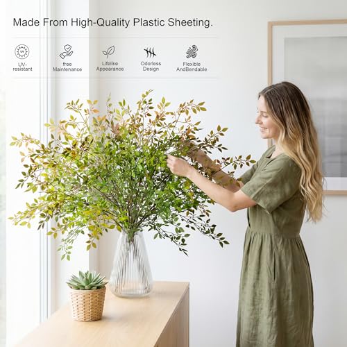 Fake Plants Eucalyptus Stems,Plastics Ficus Stems for Vase Artificial Plants,Greenery Stems for Vase Faux Plants Indoor,43.3" Faux Greenery Indoor Vase Fillers for Home Decor(6pcs Orange) - color: Orange1